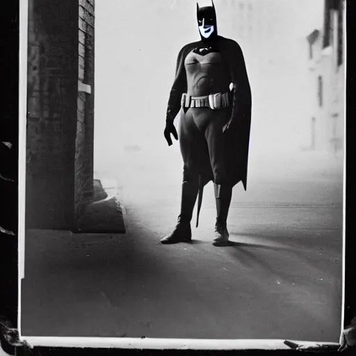 Prompt: old black and white photo portrait, 1 9 2 5, close - up portrait depicting batman standing proudly with arms on hips in alley of new york city, rule of thirds, historical record