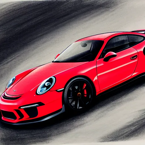 Image similar to a black 2 0 2 1 porsche 9 1 1 gt 3 driving on a windy road, action photo, pencil sketch