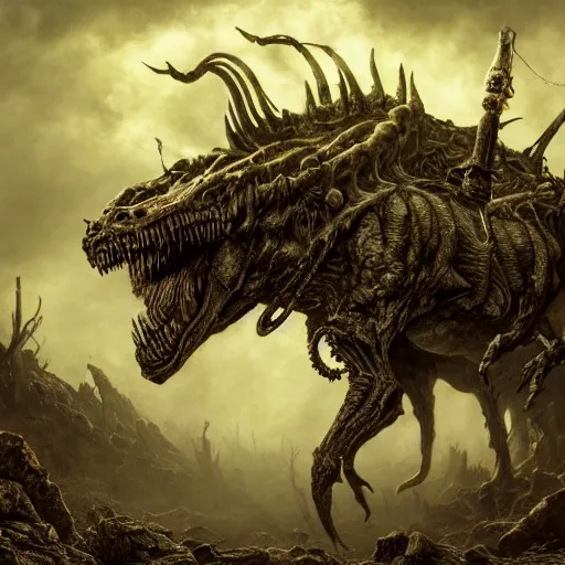 Image similar to photorealistic eldritch deathclaw in a post apocalyptic wasteland in the style of michael whelan and gustave dore. hyperdetailed photorealism, 1 0 8 megapixels, amazing depth, high resolution, 3 d shading, 3 d finalrender, 3 d cinematic lighting, glowing rich colors, psychedelic overtones, artstation concept art.