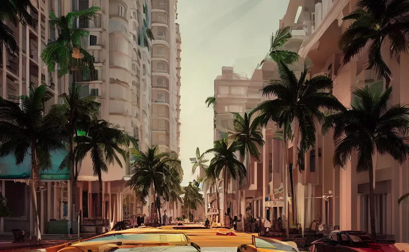 Image similar to the miami deco district, by mobius, trending on artstation, sharp focus, masterpiece,