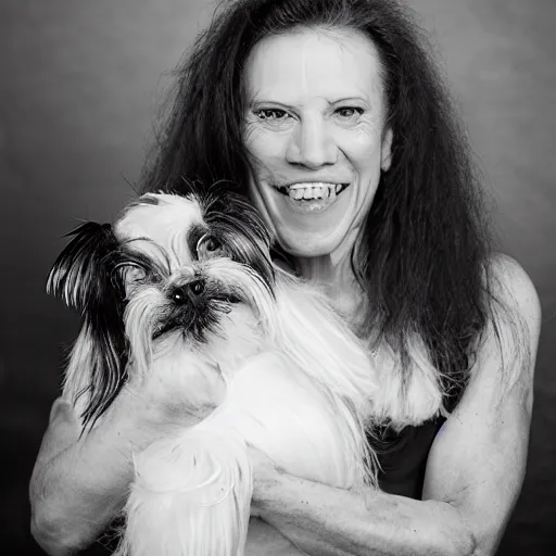 Prompt: worlds ugliest women with her ugly dog, studio photography