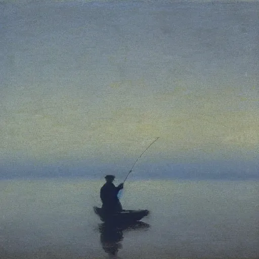 Image similar to silhouette of an old man fishing from a tiny boat at dawn, tonalism