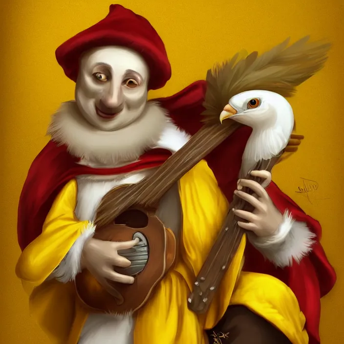 Prompt: an anthropomorphic cockatiel bard wearing a yellow robe and playing a mandolin digital art trending on artstation