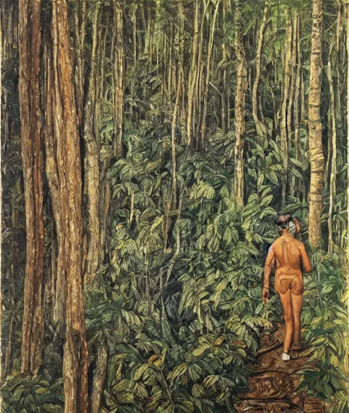 Prompt: indigenous man walking in the forest, painted by lucian freud, hd, super detailed, realistic, muted colors