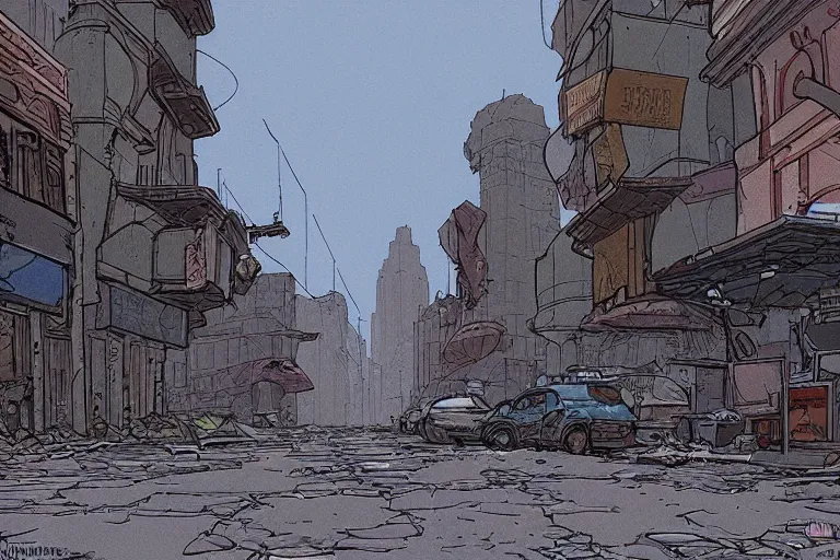 Prompt: A post apocalyptic city street, in the style of Moebius