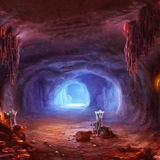 Image similar to beautiful matte painting of the inside of a cave with glowing crystals on the walls and bones on the floor, fantasy, sharp focus