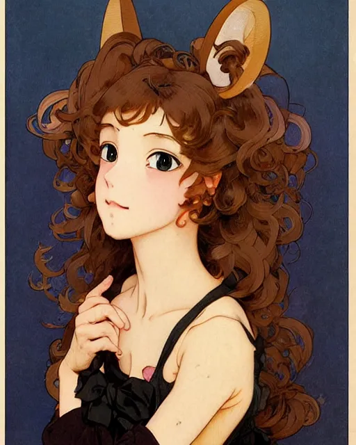 Prompt: A cute painting of a very very beautiful anime skinny squirrel-girl with curly brown colored hair and squirrel ears on top of her head wearing a cute black dress with small ribbon and black shoes looking at the viewer, elegant, delicate, soft lines, higly detailed, smooth , pixiv art, ArtStation, artgem, art by alphonse mucha Gil Elvgren and Greg rutkowski, high quality, digital illustration, concept art, very long shot