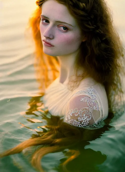 Image similar to Kodak Portra 400, 8K, soft light, volumetric lighting, highly detailed, britt marling style 3/4, portrait photography of a beautiful woman how pre-Raphaelites, half face in the water, ,a beautiful lace dress and hair are intricate with highly detailed realistic beautiful flowers , Realistic, Refined, Highly Detailed, natural outdoor soft pastel lighting colors scheme, outdoor fine art photography, Hyper realistic, photo realistic