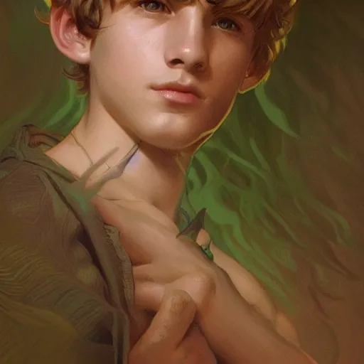 Image similar to young boy, light hair, green, eyes, son of poseidon, greek, gorgeous, amazing, feminine, elegant, intricate, highly detailed, digital painting, artstation, concept art, sharp focus, illustration, art by artgerm and greg rutkowski and alphonse mucha