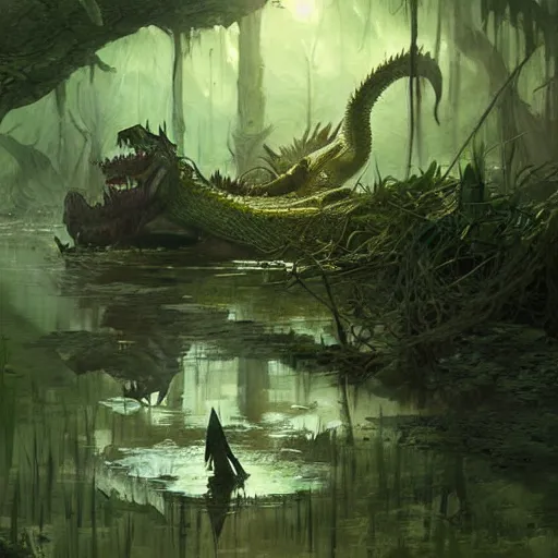 Prompt: green dragon sleeping in a swamp, fantasy, dnd, art by greg rutkowski