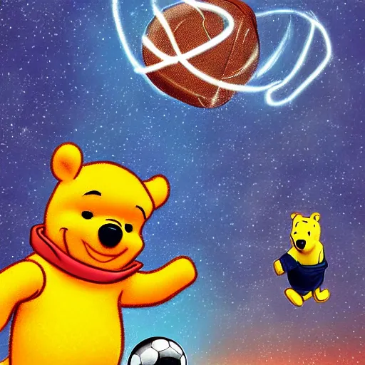 Prompt: Winnie the Pooh playing football and losing in space, Cyberpunk digital art