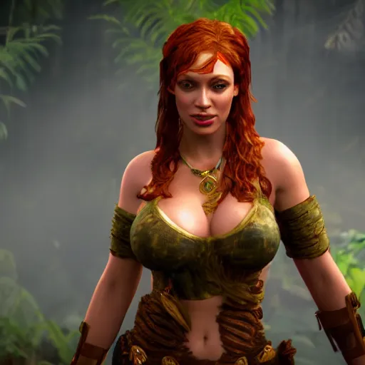 Image similar to Christina Hendricks as Amazon jungle warrior, unreal engine, 4k, cinema effect,