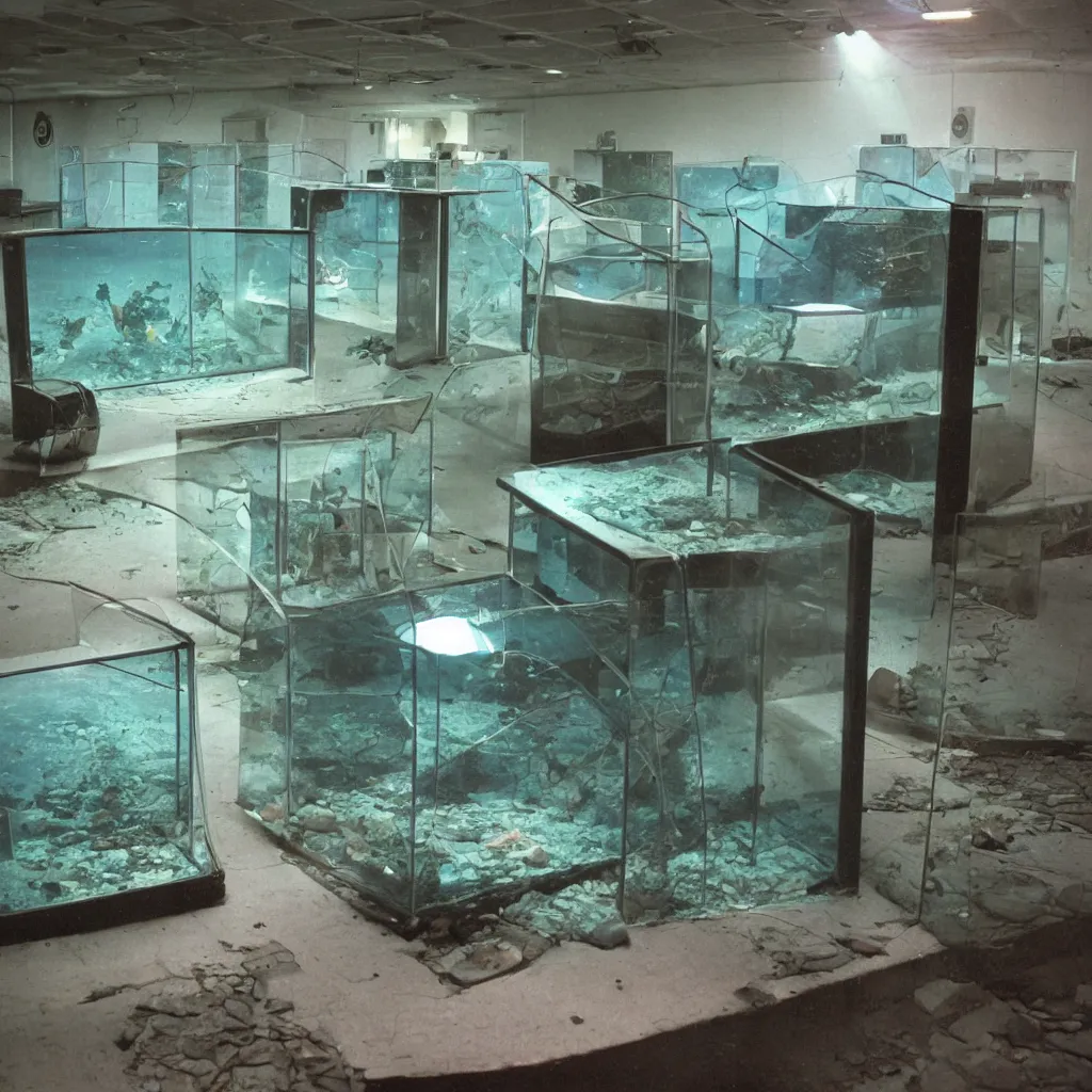 Prompt: an abandoned forgotten liminal lonely cracked aquarium, old retro museum exhibition, 1 9 8 0 s computers, computer monitors, illuminated displays of computer screen savers, rainbow refraction of light through glass, museum stanchions, photo taken on fujifilm superia film, aquatic devices