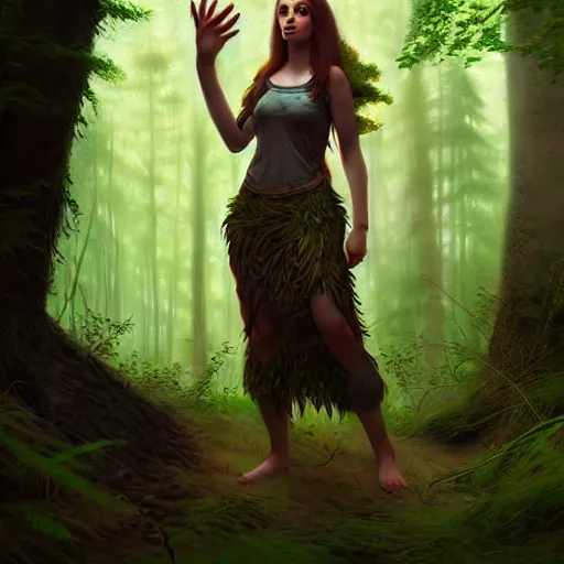 Image similar to a pretty female druid surrounded by forest animals, in the woods, hyper realistic, digital painting, photorealistic, in the style of greg rutkowski, highly detailed