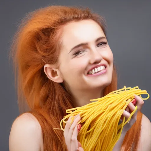 Image similar to a woman with spaghetti as hair, 8 k, 4 k, professional photography, award winning photo