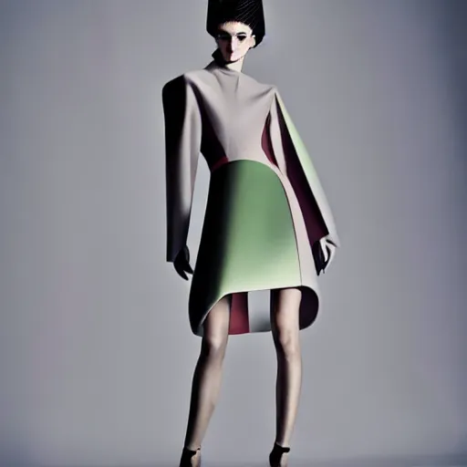 Prompt: a model dressed in an avant garde muted color haute couture dress, angular minimalism, vogue full color editorial photo, sharp focus dynamic light