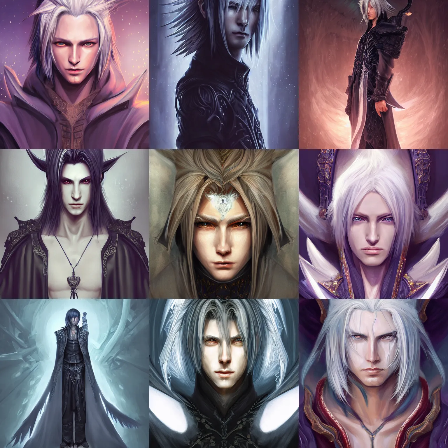 Prompt: head-on centered symmetrical painted portrait, Noctis/Sephiroth as an androgynous Mage, intricate fantasy robes, fantasy, intricate, elegant, highly detailed, digital painting, smooth, sharp focus, illustration, dramatic lighting, artstation, in the style of Artgerm and Anna Podedworna and Alex Ross, 8k