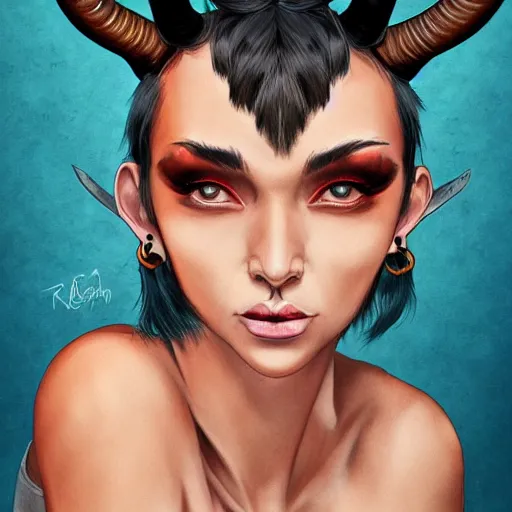 Image similar to illustrated realistic portrait of ram-horned devil woman with blue bob hairstyle and her tan colored skin and with solid black eyes wearing leather by rossdraws