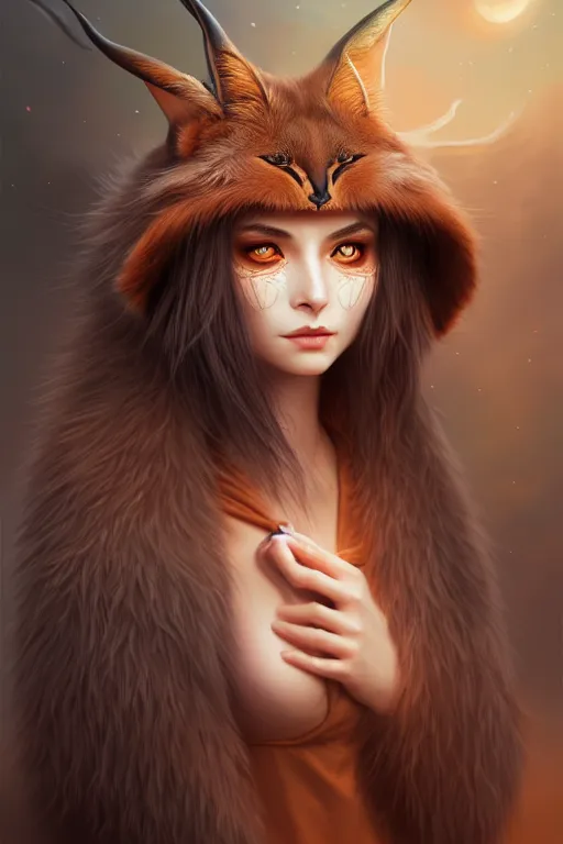 Image similar to beautiful ancient witch with cute caracal face uses fluffy fur magic, highly detailed, digital painting, artstation, sharp focus, illustration, art by tan zi and ayanamikodon and alphonse and wlop