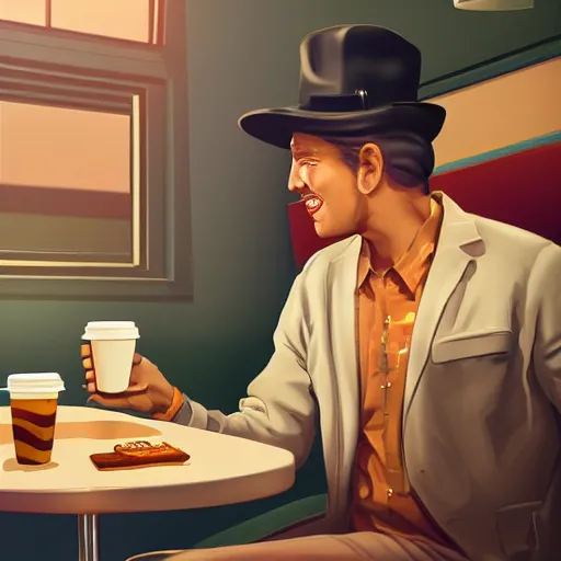 Prompt: time traveler from the past in a diner drinking a cup of coffee with an alien , 4k digital art