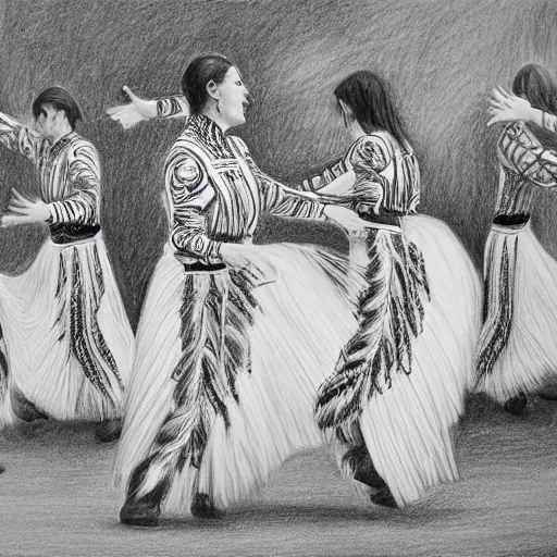 Image similar to beautiful pencil drawing in a contemporary style of round dance - folkloric dances, sharp and precise detailed picture, no faces