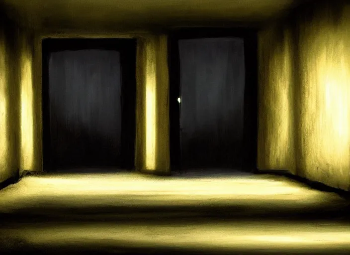 Image similar to a dark hallway, at the end there is a mysterious illuminated door with a neonsign in the style of rhads h 8 3 2