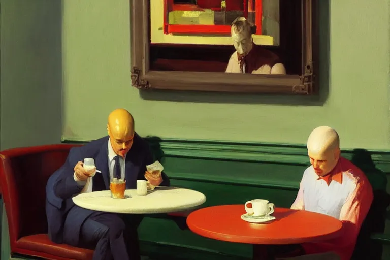 Prompt: william birkin reading a newspaper at a cafe. a waiter is pouring coffee. painting by edward hopper, 3 d rendering by beeple, 8 k, comfy