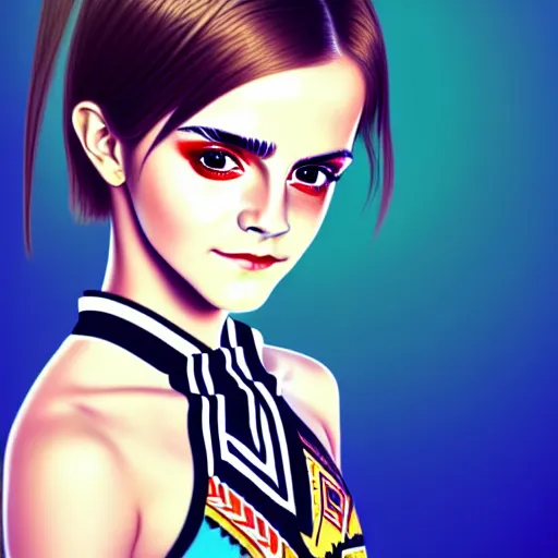 Prompt: a beautiful boyish emma watson alluring gravure model, wearing elegant japanese hiphop leotard outfit with subtle mayan patterns and native fashion, harajuku aztec fashion, gapmoe yandere grimdark, trending on pixiv fanbox, painted by ross tran