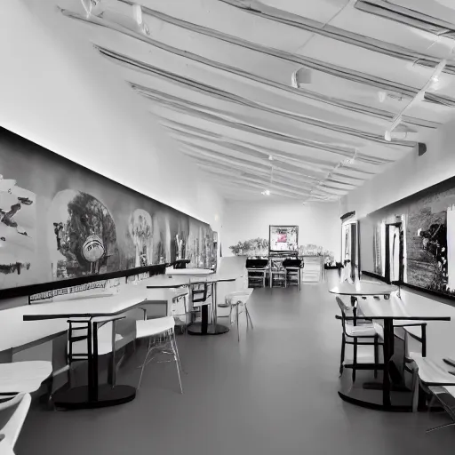 Prompt: photo of a white minimalist arcade / cafe interior, 8 0 s art on the tall white walls, wide angle shot 4 k hdr