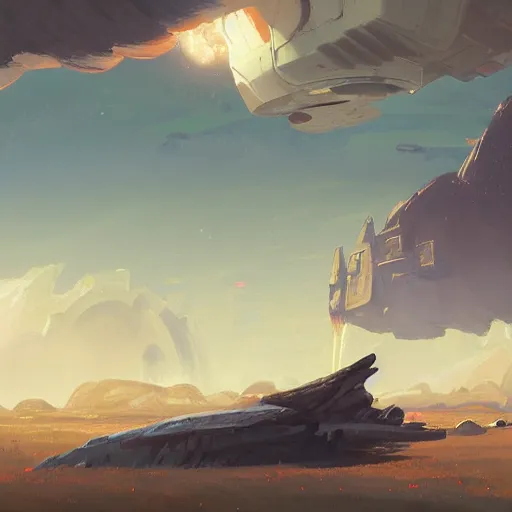 Image similar to landscape painting of a small spaceship crashed into a foreign planet. The spaceship is buried in the ground, smoking. clean sharp digital art, environment concept art, by rossdraws, ghibli, breath of the wild, greg rutkowski