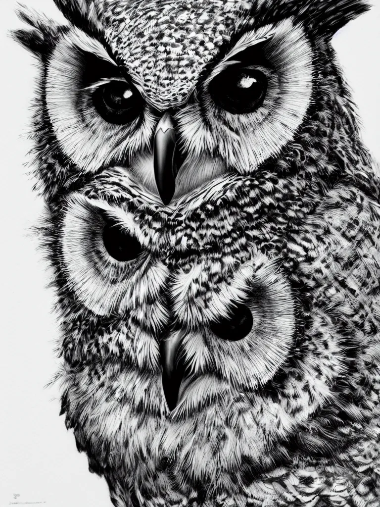 Prompt: hyperrealist highly detailed cinematic lighting studio portrait of a great horned owl, high contrast wood engraving, kentaro miura manga style, shocking detail trending on artstation 8 k