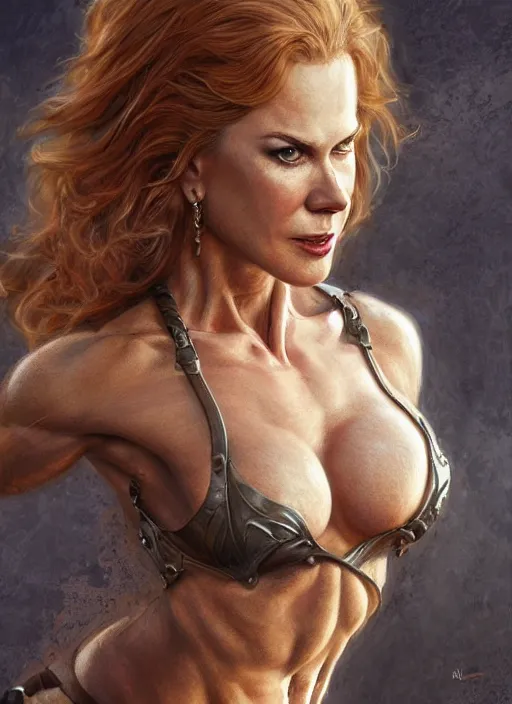 Image similar to muscled Nicole Kidman as a ruggedly handsome hero, intricate, elegant, highly detailed, centered, digital painting, artstation, concept art, smooth, sharp focus, illustration, artgerm, donato giancola, Joseph Christian Leyendecker, WLOP, Boris Vallejo, Artgerm