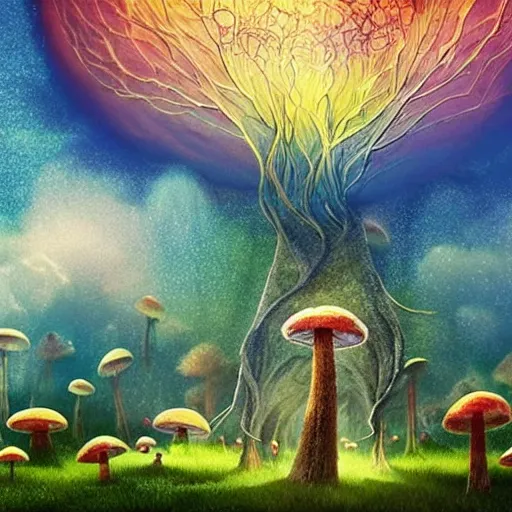 Image similar to dreamy landscape dominated by mushrooms connected by a vast mycelial network, otherworldly, beautiful, magical