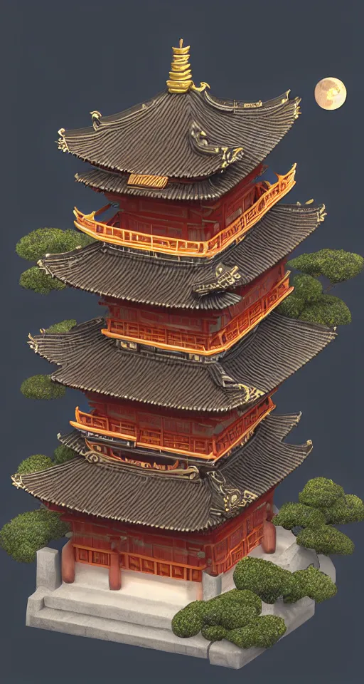 Image similar to isometric japanese temple with full blood-moon behind the top, trending on artstation, 3D render, unreal engine 5