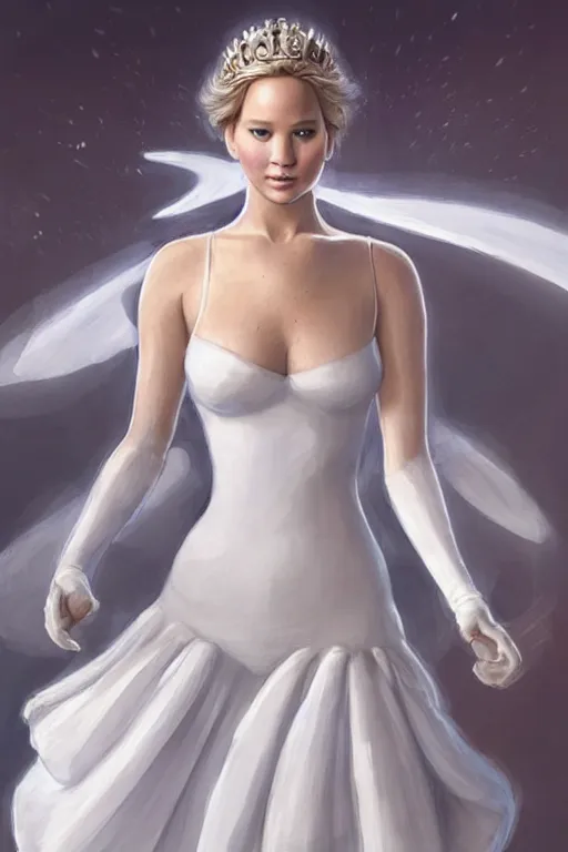 Image similar to Jennifer Lawrence as Queen wearing a White Dress, anatomy, only two hands, highly detailed, digital painting, artstation, concept art, smooth, sharp focus, illustration, Unreal Engine 5, 8K, art by art by artgerm and greg rutkowski and edgar maxence