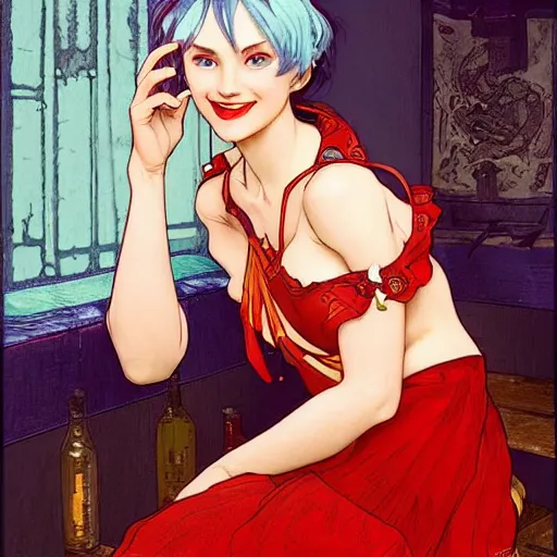 Image similar to a smiling happy beautiful barmaid with short blue hair wearing a red dress in a rustic saloon, beautiful blue eyes, fantasy, intricate and very beautiful and elegant, highly detailed, digital painting, artstation, concept art, smooth and sharp focus, illustration, art by tan zi and artgerm and alphonse mucha and peter mohrbacher