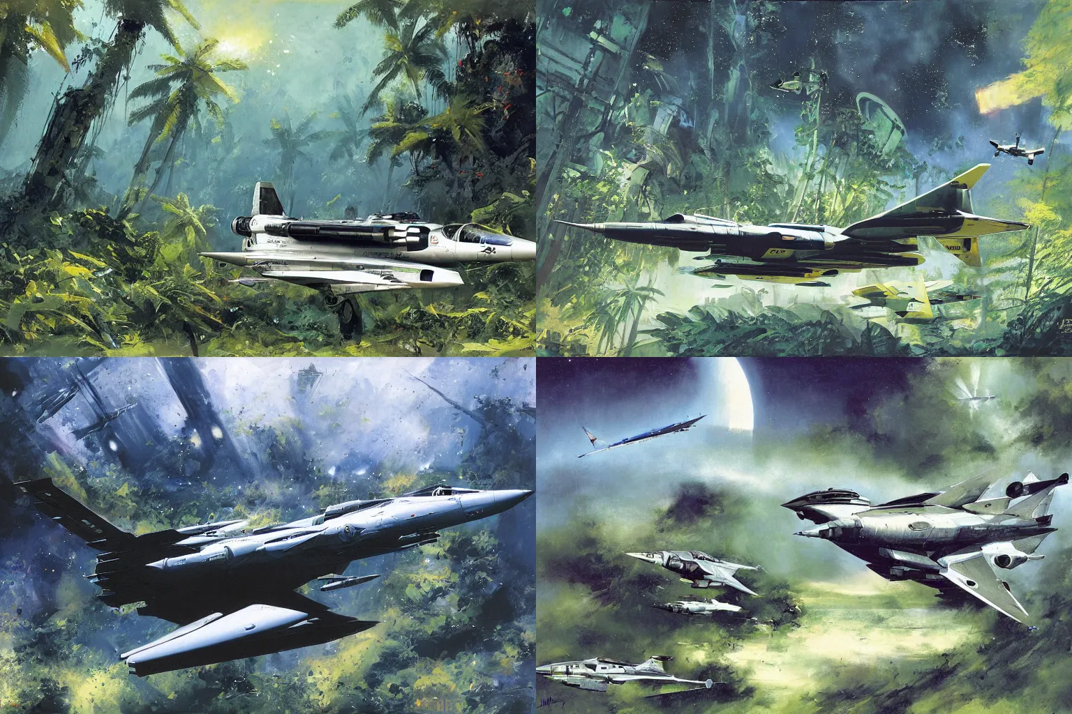 Prompt: Starfighter landed at a base surrounded by dense jungle landscape, by John Berkey