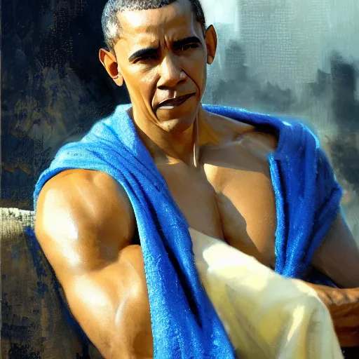 Image similar to detailed realistic cinematic wide shot of beautiful attractive muscular barack obama with gold chain wearing blue bath robe slim face symettrical face clean skin black eyes black robe smooth, sharp focus, ultra realistic, spring light, painting by gaston bussiere, craig mullins, j. c. leyendecker