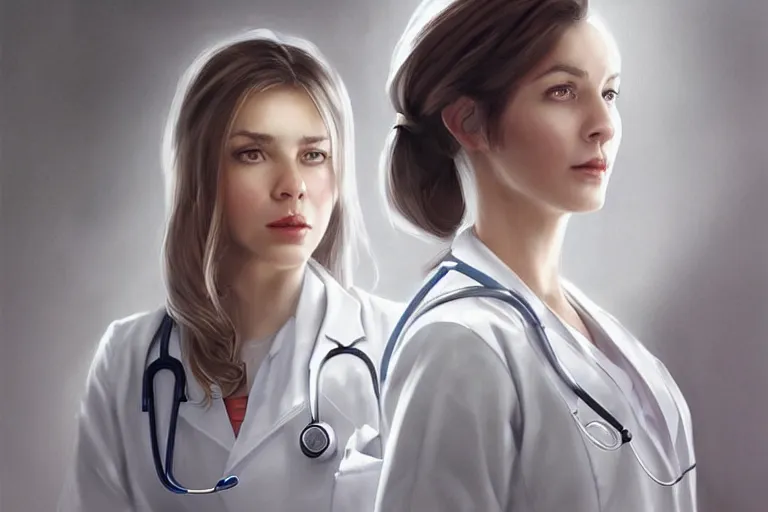 Prompt: a poster of an elegant and beautiful female doctor in a white coat in a hospital ward, cinematic, highly detailed, digital painting, artstation, concept art, matte, sharp focus, illustration, art by artgerm and greg rutkowski