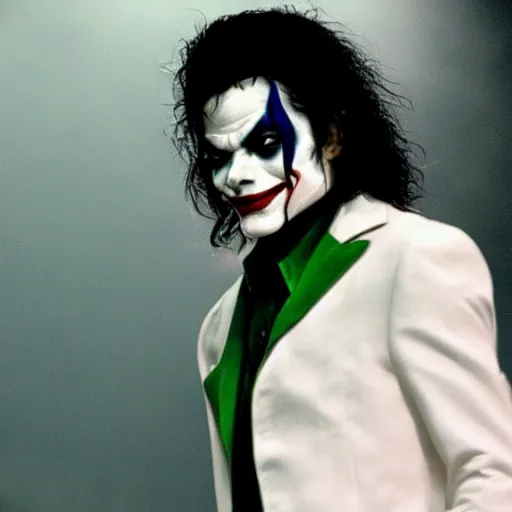 Image similar to stunning awe inspiring michael jackson as the joker, movie still 8 k hdr atmospheric lighting