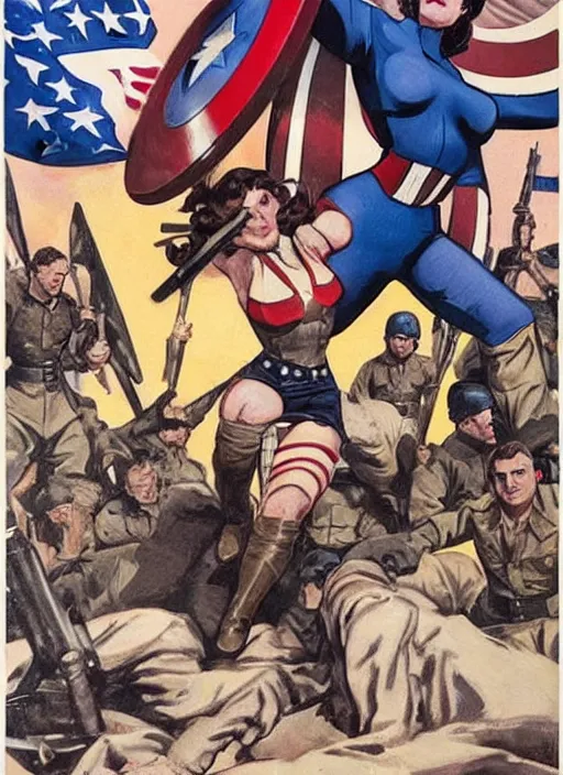 Prompt: beautiful female captain america standing on a pile of defeated german soldiers. feminist captain america wins wwii. american wwii propaganda poster by james gurney overwatch. anime.