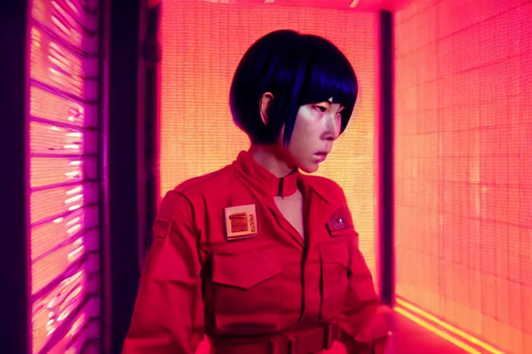 Image similar to major motoko wearing an orange prison jumpsuit hologram of a screaming child to her right, photography by fred palacio medium full shot still from bladerunner 2 0 4 9, sci fi, bladerunner, canon eos r 3, f / 3, iso 2 0 0, 1 / 1 6 0 s, 8 k, raw, unedited