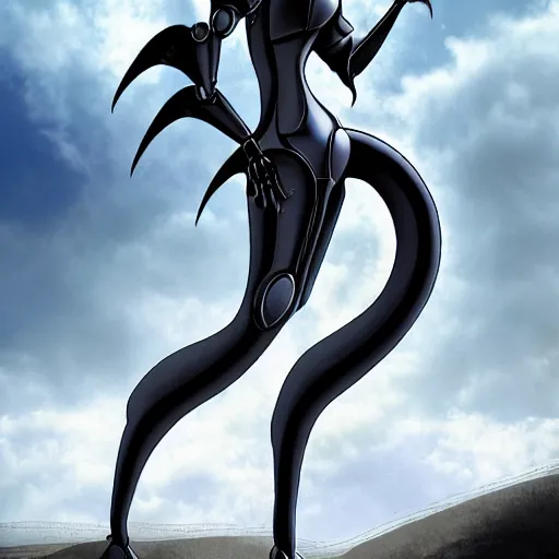 Image similar to close-up shot of a cute and beautiful well-proportioned anthropomorphic robot female dragon doing an elegant pose, the head has two eyes and two horns, a sleek yet elegant design of metal plating, with two big epic wings behind her attached to her back, two arms with one hand on her hip, the background is of the beach at night; HD digital art, artstation, deviantart, furaffinity, high quality detail