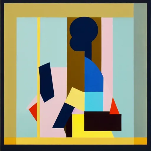 Prompt: A painting of person standing in front of a window, abstract painting in the style of Sophie Taeuber-Arp and Gary Hume and Tatsuro Kiuchi, flat colour-block style, geometric abstraction, deep earthy colours