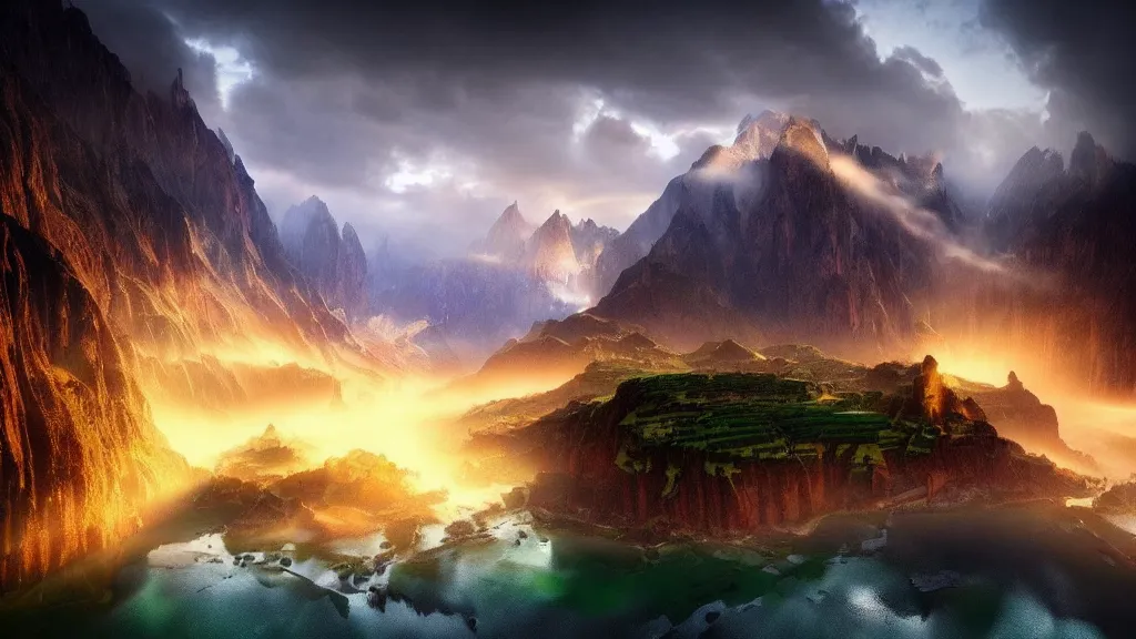 Prompt: amazing landscape photo of minecraft by marc adamus, beautiful dramatic lighting