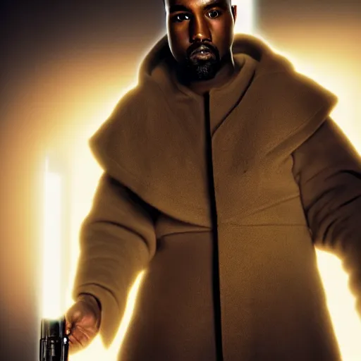 Image similar to Portrait of Kanye West as a jedi in Star Wars, holding lightsabre. splash art, cinematic lighting, dramatic, octane render, long lens, shallow depth of field, bokeh, anamorphic lens flare, 8k, hyper detailed, 35mm film grain