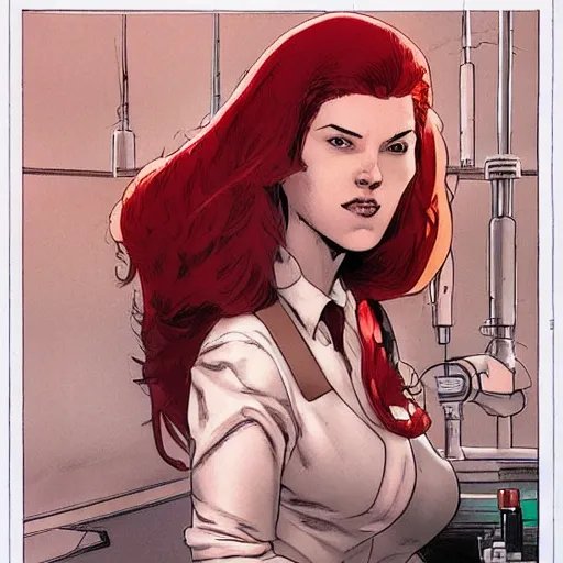 Prompt: a beautiful comic book illustration of a red-headed woman with white shirt in a laboratory by Jerome Opeña, featured on artstation