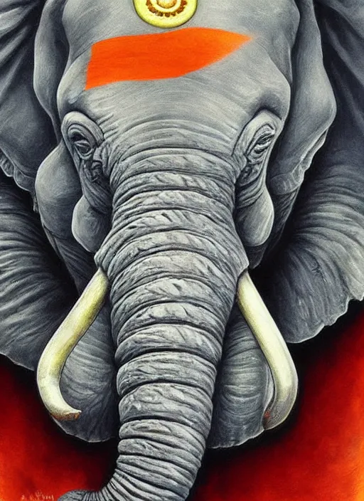 Image similar to portrait of ethereal elephant with indian flag colors painted on its face, intricate detail, ornate, conceptual art, soft light, dynamic, art by artgerm