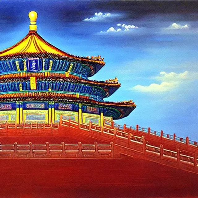 Prompt: a beautiful painting cyberpunk beijing imperial palace, temple of heaven, great wall, by salvador dali realistic oil painting