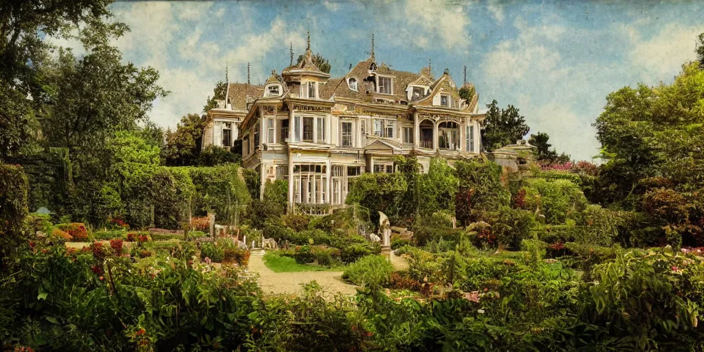 Image similar to a highly detailed photograph of a house from the 1880s surrounded by beautiful gardens, view from ground level, elegant, ornate, daytime, beautifully lit scene